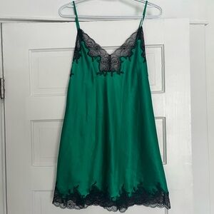 Vintage La Senza Green Lace Trim Chemise Slip Dress Nightgown